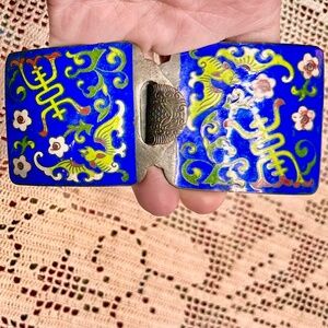 Distinctive Antique Cobalt Blue Enameled Brass Belt Buckle From China - c 1920